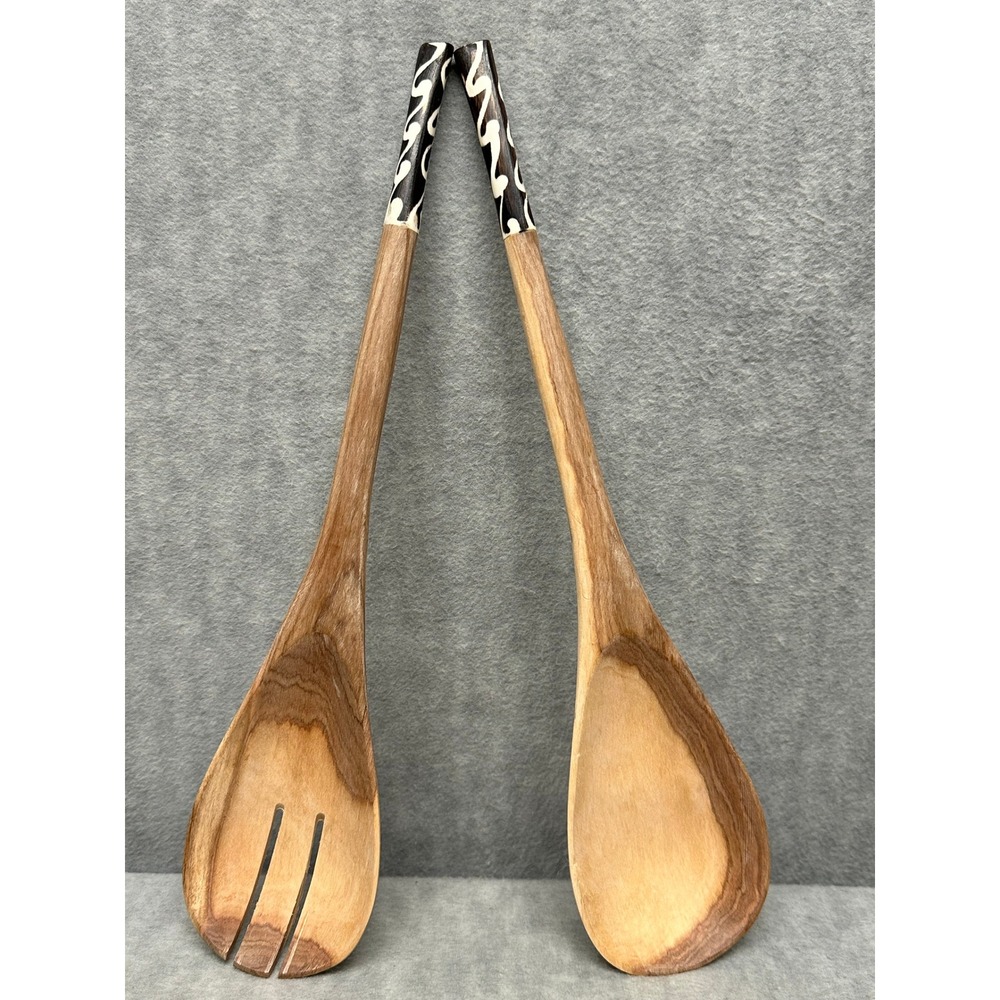 Handmade Olive Wood Salad Servers Bone Inlay Batik‎ Handle Tribal Boho 12 Inch